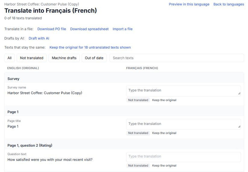 The translation editor for French, listing the survey’s texts in English on the left with an empty translation box and the status “Not translated” beside each.