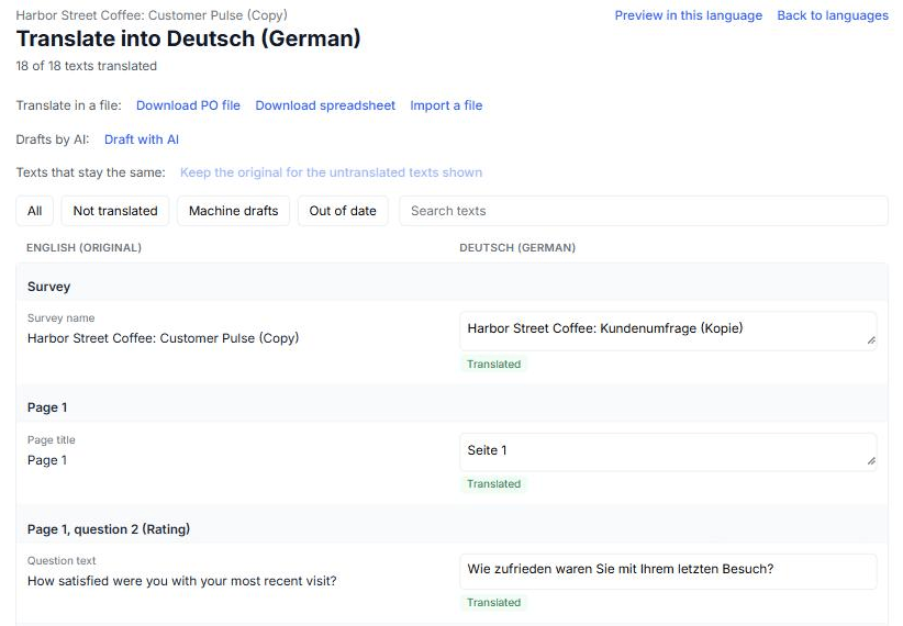 The translation editor for German, with “18 of 18 texts translated” under the title and the status “Translated” beside each translation.