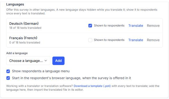 The Languages section of the survey settings, listing German (18 of 18 texts translated, shown to respondents) and French (0 of 18, hidden), with the Add a language menu and the two respondent options below.