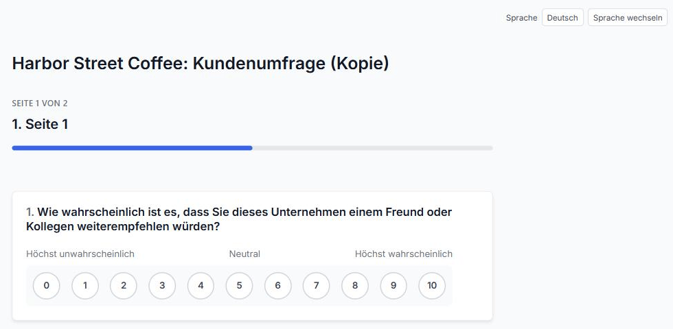 A survey page shown in German, with the language menu (“Sprache”, “Deutsch” and “Sprache wechseln”) at the top right.