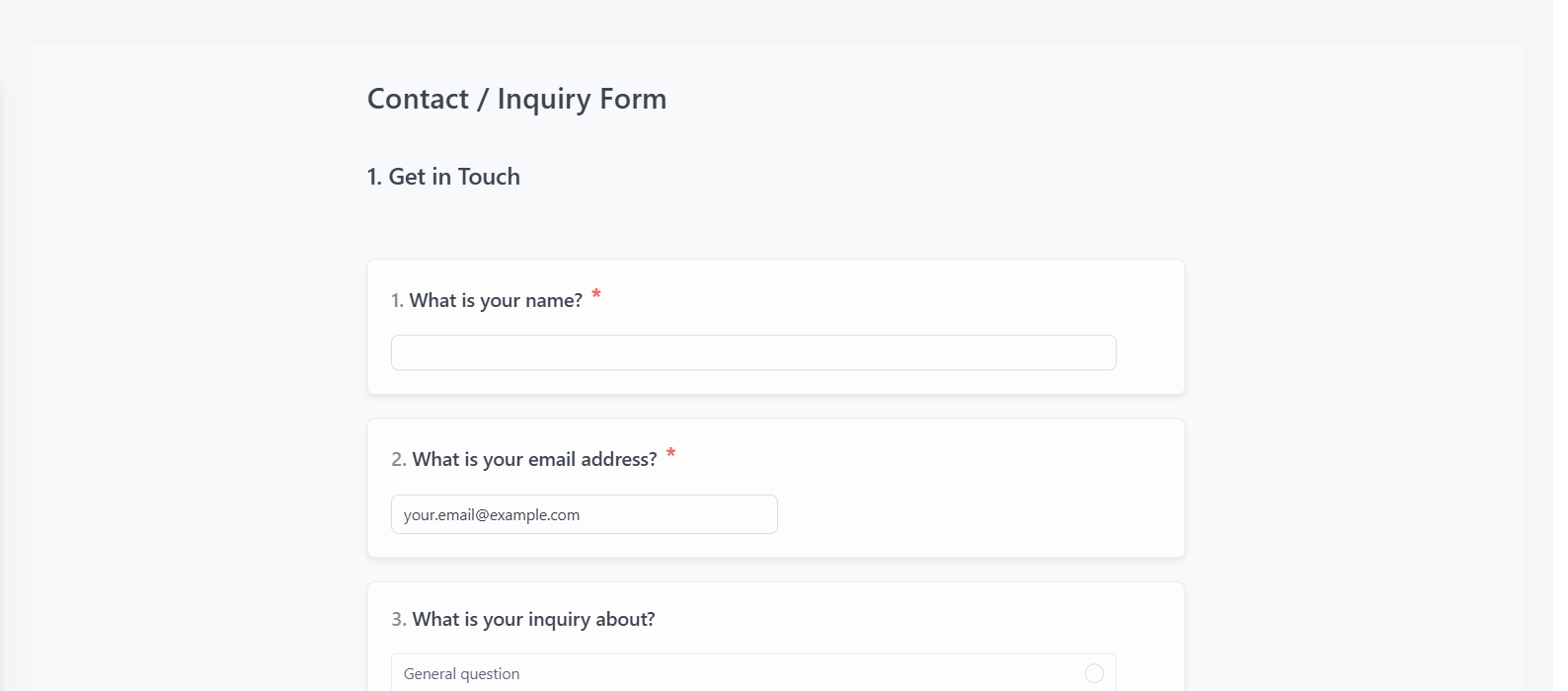 Screenshot of the Contact / Inquiry Form template
