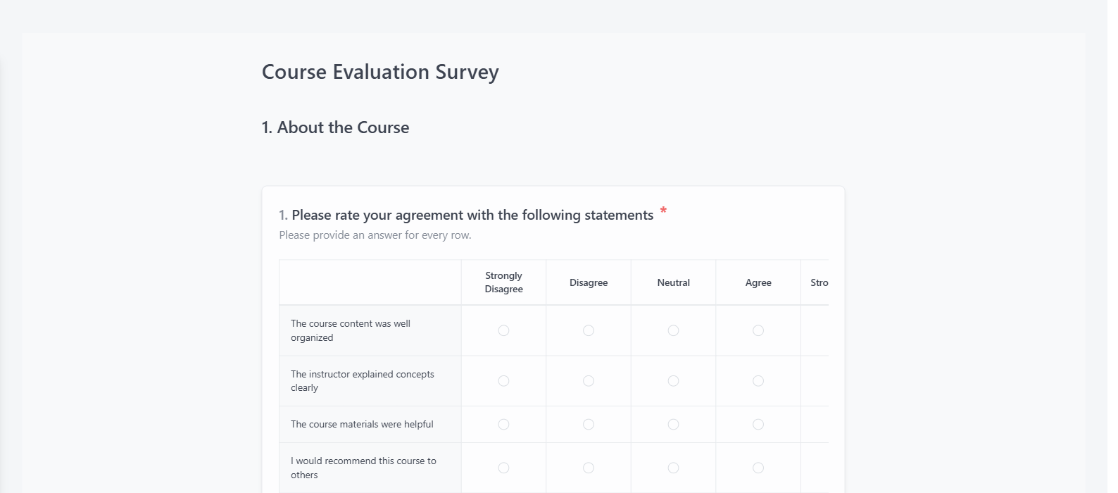 Screenshot of the Course Evaluation Survey template