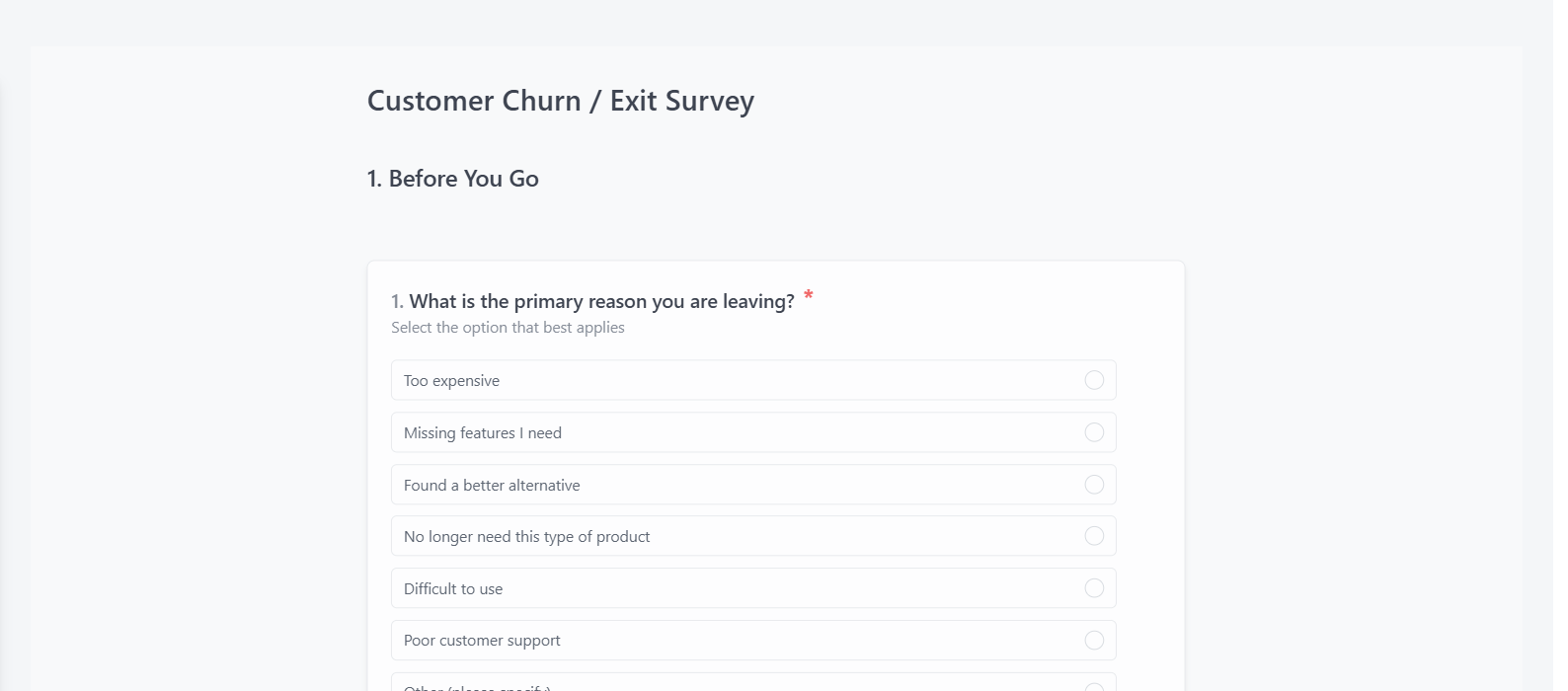 Screenshot of the Customer Churn / Exit Survey template