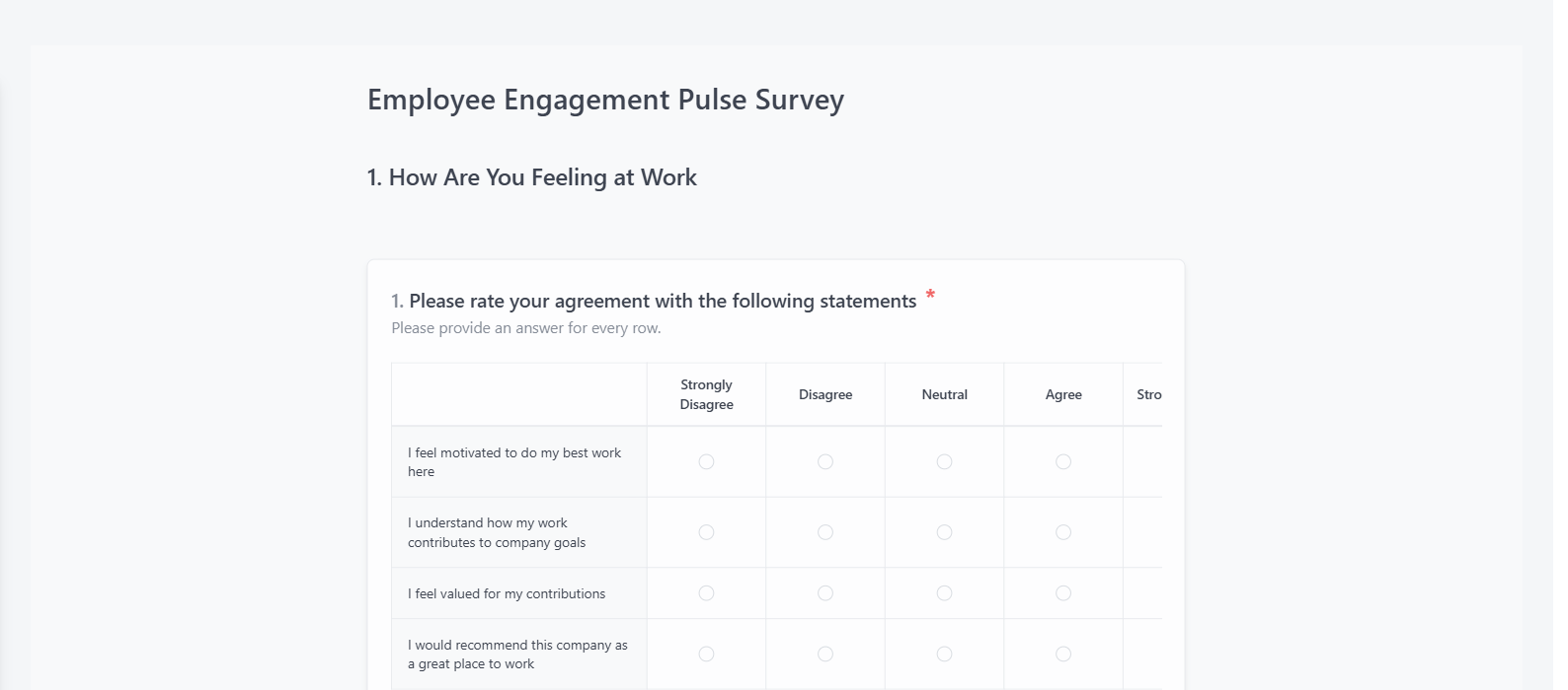 Screenshot of the Employee Engagement Pulse Survey template