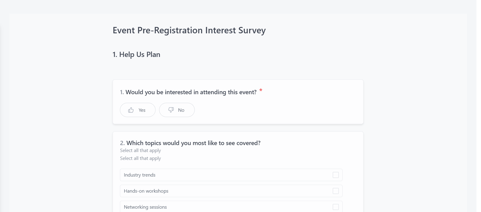 Screenshot of the Event Pre-Registration Interest Survey template