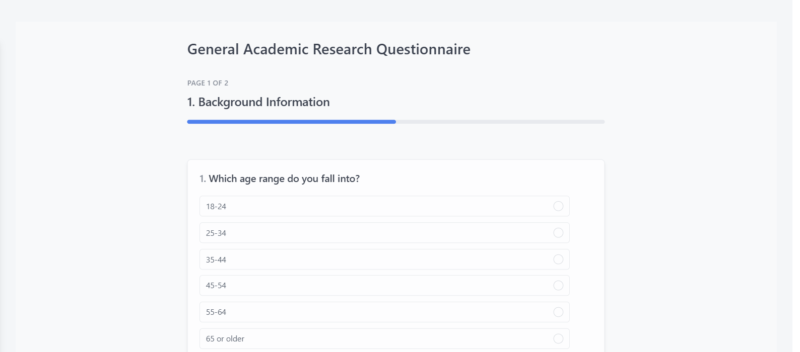 Screenshot of the General Academic Research Questionnaire template