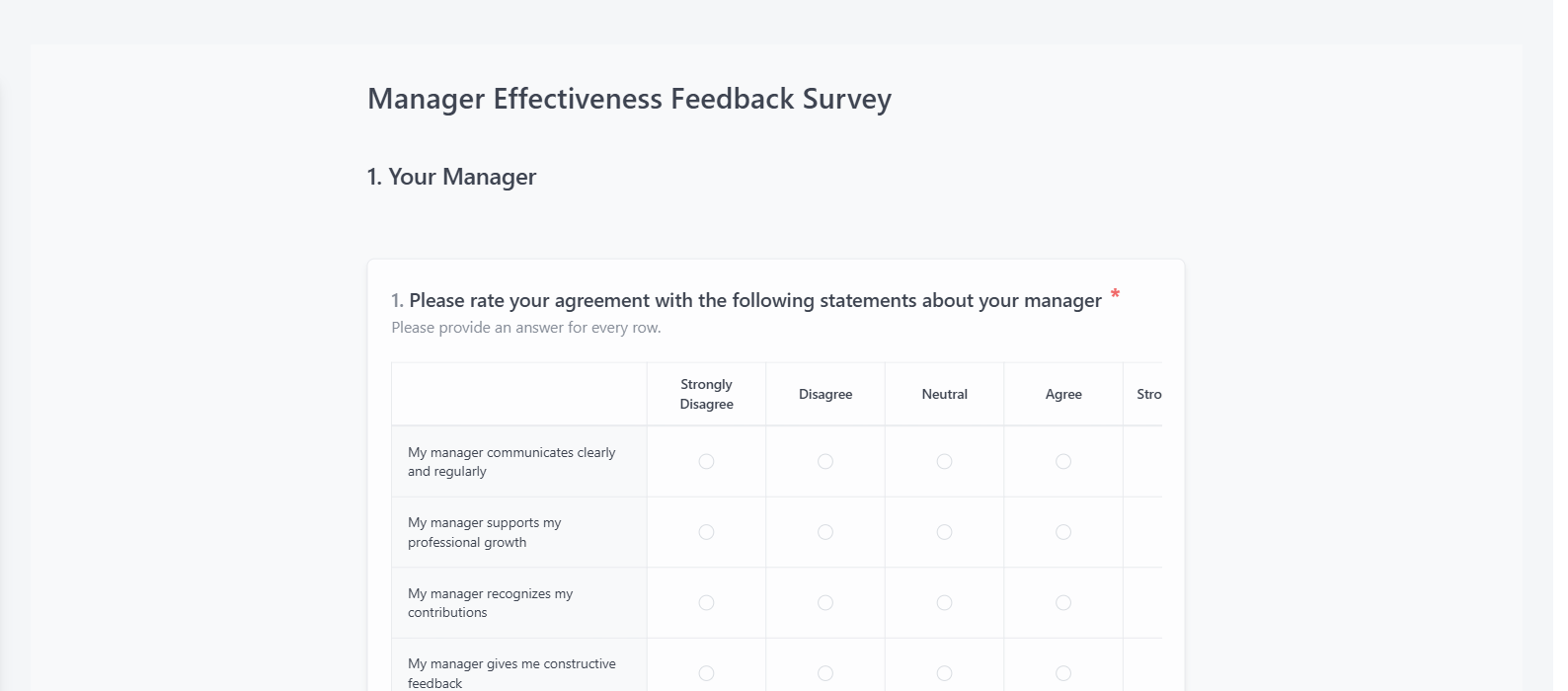 Screenshot of the Manager Effectiveness Feedback Survey template