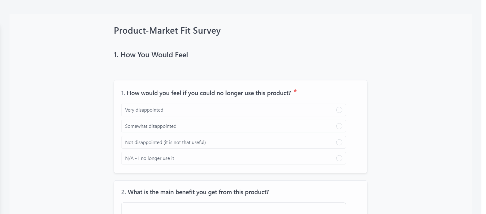 Screenshot of the Product-Market Fit Survey template