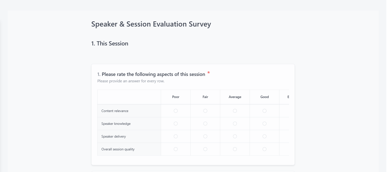 Screenshot of the Speaker & Session Evaluation Survey template
