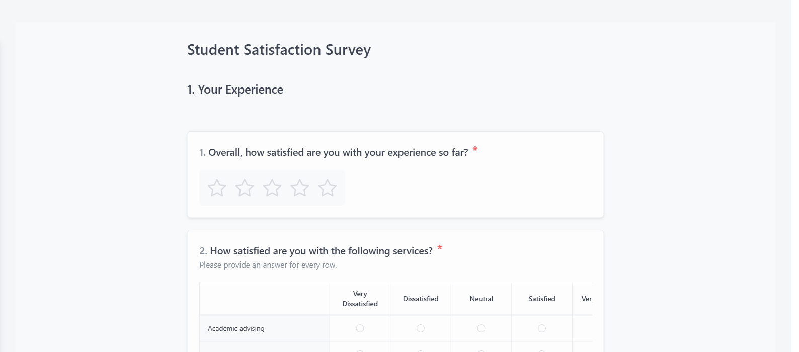 Screenshot of the Student Satisfaction Survey template